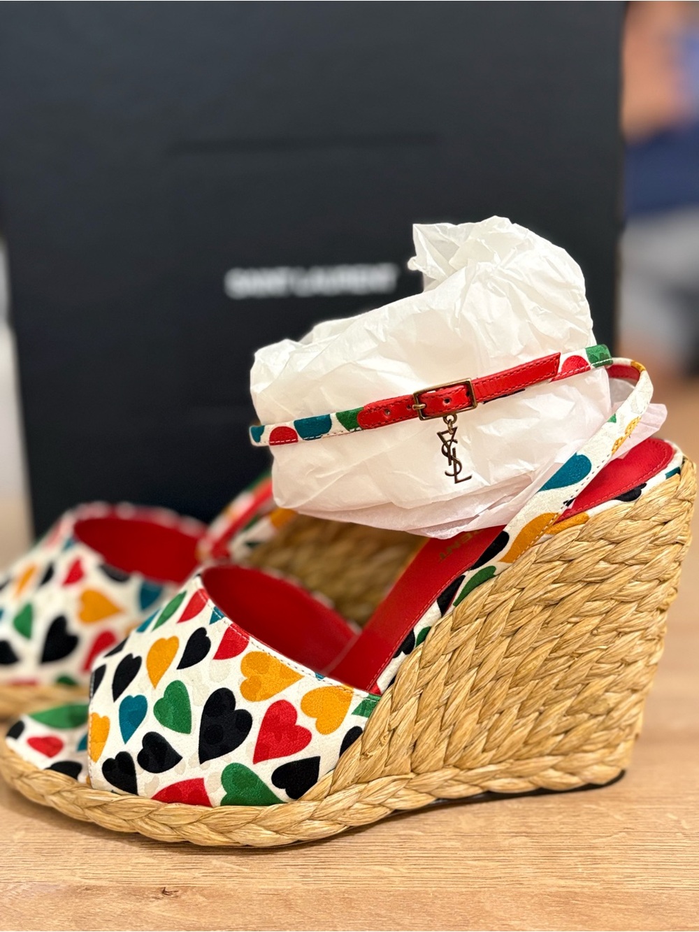 Saint Laurent Multicolor Heart Espadrille Wedges with Red Strap